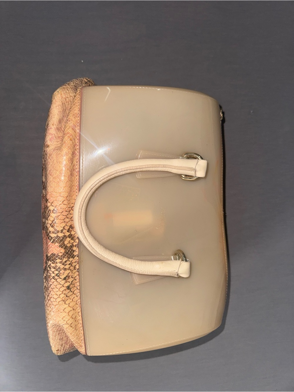 Furla Beige & Pink Snake-Embossed Patent Satchel Handbag